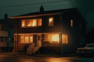 brûlant maison dans le nuit. Résidentiel maison dans Feu. génératif ai photo