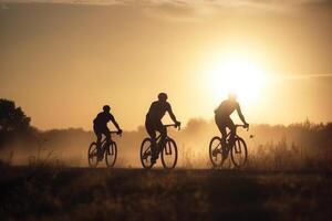 silhouettes de professionnel cyclistes sur route à le coucher du soleil. génératif ai photo