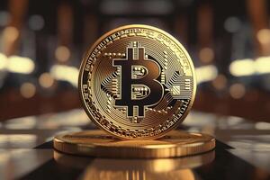 virtuel crypto-monnaie. d'or bitcoin sur La technologie Contexte. génératif ai photo