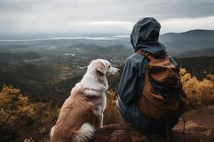 femme randonnée avec chien dans montagnes. génératif ai photo