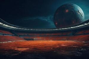Football stade sur le lune de une loin planète illustration génératif ai photo