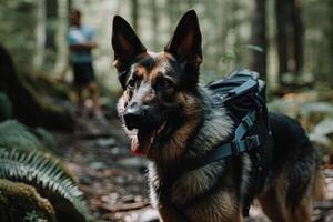 chien randonnée sur une Piste avec sac à dos illustration génératif ai photo