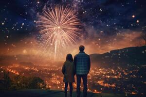 gens silhouettes à la recherche à coloré feu d'artifice à nuit ciel. génératif ai photo