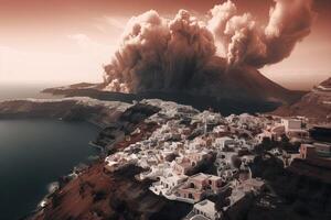 Santorin volcanique éruption sur île illustration génératif ai photo