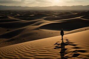 solitaire la personne en marchant dans énorme désert dunes à le coucher du soleil illustration génératif ai photo