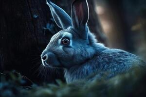 bleu lapin portrait dans le forêt illustration génératif ai photo