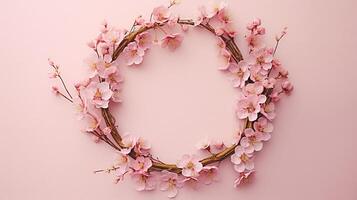 génératif ai, couronne de peu lumière rose Cerise Sakura fleurs avec copie espace, Naturel biologique floral Cadre photo