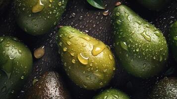 génératif ai, macro Frais juteux moitié et entier de vert Avocat fruit Contexte comme modèle. fermer photo avec gouttes de l'eau