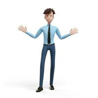 3d affaires homme avec ouvert bras. portrait de une marrant dessin animé gars dans une chemise et cravate. personnage directeur, directeur, agent, agent immobilier. 3d illustration sur blanc Contexte. photo