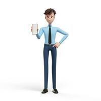 3d affaires homme montrant téléphone. portrait de une marrant dessin animé gars dans une chemise et cravate. personnage directeur, directeur, agent, agent immobilier. 3d illustration sur blanc Contexte. photo