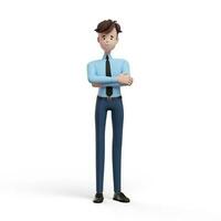 3d affaires homme avec traverser mains. portrait de une marrant dessin animé gars dans une chemise et cravate. personnage directeur, directeur, agent, agent immobilier. 3d illustration sur blanc Contexte. photo