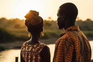 retour vue de Jeune africain couple à la recherche à chaque autre sur le plage. génératif ai. photo