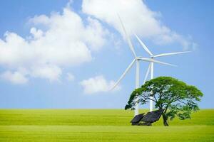 environnement concepts nettoyer énergie, vent turbines, solaire cellules et des arbres photo