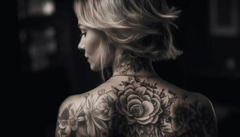 un Jeune femme tatoué élégance dans noir généré par ai photo