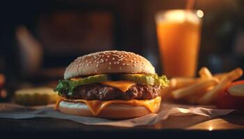grillé cheeseburger et frites sur rustique en bois table à pub généré par ai photo