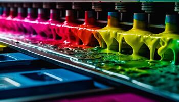 multi coloré bouteilles dans une usine fabrication liquide peindre pour décoration généré par ai photo