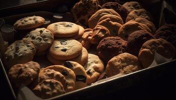 fraîchement cuit fait maison Chocolat puce biscuits sur une rustique refroidissement grille généré par ai photo