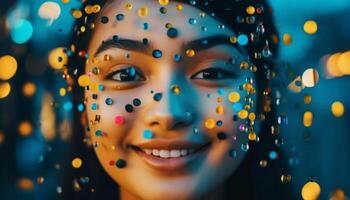 souriant Jeune adulte femme dans illuminé fête avec embrasé Contexte généré par ai photo