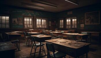 vide salle de cours avec vieux façonné en bois bureau et chaise sièges arrangement généré par ai photo