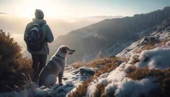 un la personne randonnée avec leur chien dans le neigeux montagnes généré par ai photo