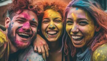 une joyeux, coloré fête de relation amicale et unité en plein air généré par ai photo