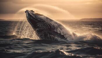 majestueux à bosse baleine violations dans idyllique tropical paysage marin à crépuscule généré par ai photo