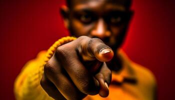 sur de soi Jeune africain homme d'affaire montrer du doigt à Succès avec détermination généré par ai photo