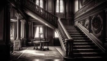 majestueux entrée salle avec ancien architectural Colonnes et marbre sol généré par ai photo