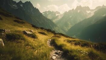 tranquille Montagne prairie, majestueux culminer, randonnée aventure dans la nature généré par ai photo