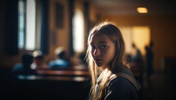 Jeune femme souriant, à la recherche à caméra, séance par fenêtre en train d'étudier généré par ai photo