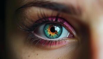caucasien femme vibrant vert œil regarder dans caméra avec contact lentille généré par ai photo