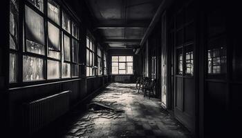 abandonné usine couloir, rouillé métal et vieux façonné conception, effrayant ombres généré par ai photo