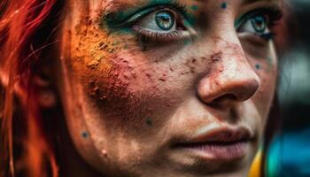 souriant Jeune adulte femme avec coloré visage peindre à la recherche en plein air généré par ai photo