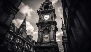 vieux façonné l'horloge la tour dans historique Britanique capital, une gothique monument généré par ai photo