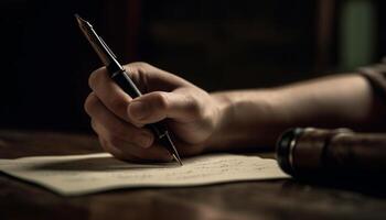 homme d'affaire en portant stylo, signature Contrat sur en bois bureau à l'intérieur généré par ai photo