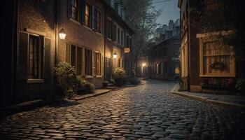 vieux architecture illuminé par rue lumières sur humide pavé sentier généré par ai photo