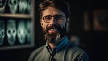 sur de soi Jeune homme d'affaire avec élégant faciale cheveux et à pleines dents sourire généré par ai photo