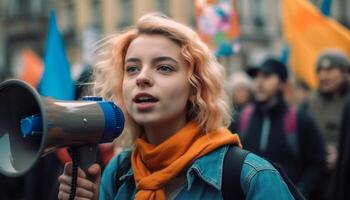 Jeune adulte femme en portant mégaphone, en criant avec joie dans ville manifestation généré par ai photo