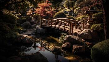 tranquille scène de l'automne paysage avec Japonais érable et passerelle généré par ai photo