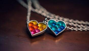 romantique bois artisanat cœur en forme de collier, multi coloré gemme, élégant décoration généré par ai photo