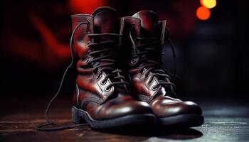brillant cuir bottes, parfait pour hiver mode et militaire modes de vie généré par ai photo