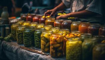 Frais variété de mariné des légumes dans fait maison pots pour vente au détail généré par ai photo