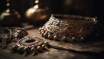 indigène des cultures vitrine élégance avec fleuri bijoux et broderie motifs généré par ai photo