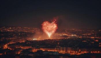 embrasé paysage urbain s'enflamme avec multi coloré feux d'artifice exploser en plein air à crépuscule généré par ai photo