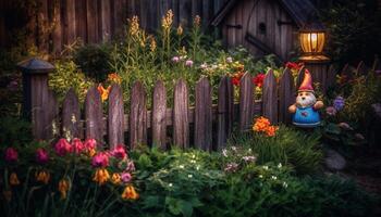 rustique Jaune fleur tête décor sur fleuri en bois banc en plein air généré par ai photo