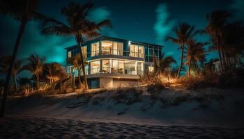 luxe bungalow sur tropical plage, paume des arbres balancement dans crépuscule généré par ai photo