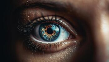 Jeune femme bleu yeux regarder sensuellement à caméra, à l'intérieur généré par ai photo