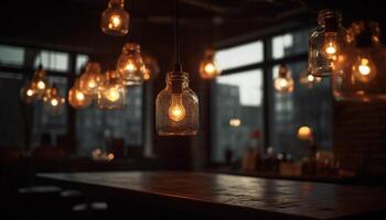 embrasé électrique lampe illumine rustique en bois table dans moderne grenier généré par ai photo
