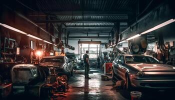 la nuit garage un service Hommes réparer métal machinerie pour transport industrie généré par ai photo