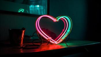 embrasé symbole de l'amour dans foncé boîte de nuit décoration, illuminé par électrique les lampes généré par ai photo